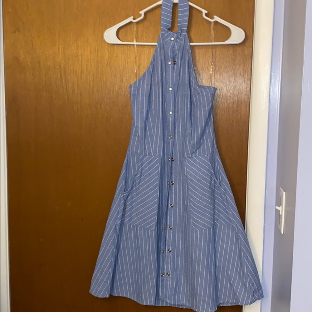 Halter neck blue and white striped dress